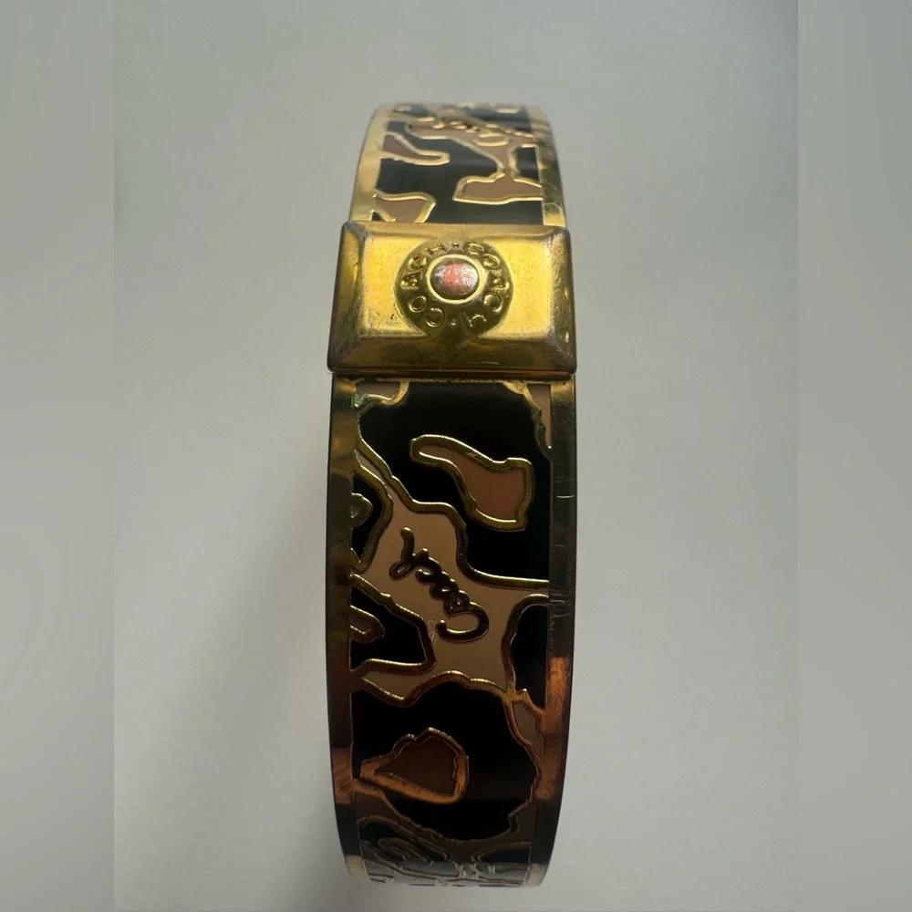 Coach Gold-Toned and Black Leopard Enamel Bangle Bracelet